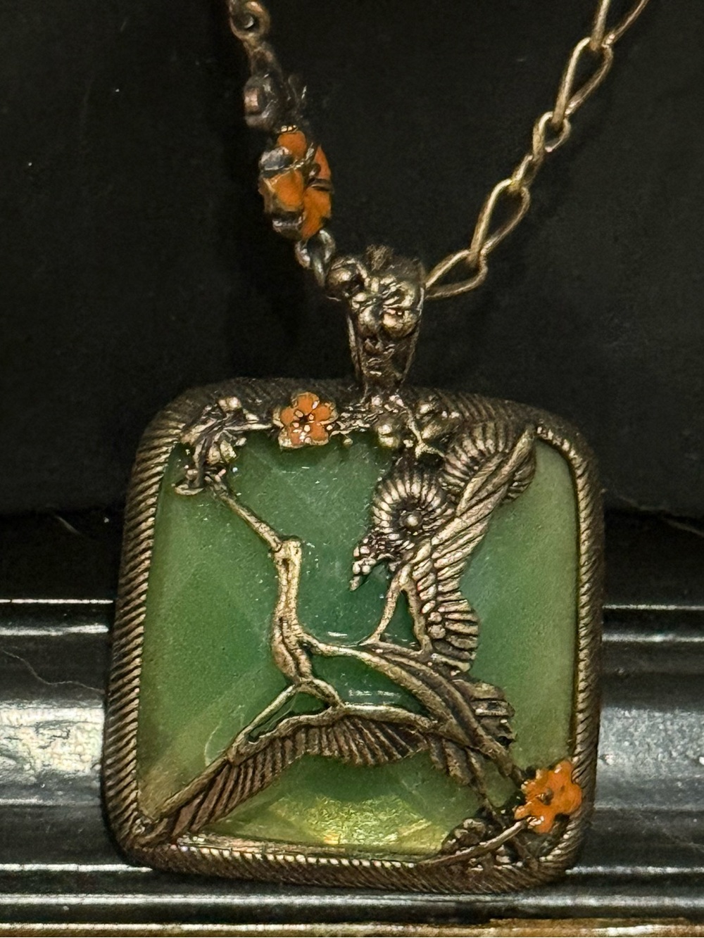 Green Art Nouveau Bird Pendant Necklace with Orange Flower Accents